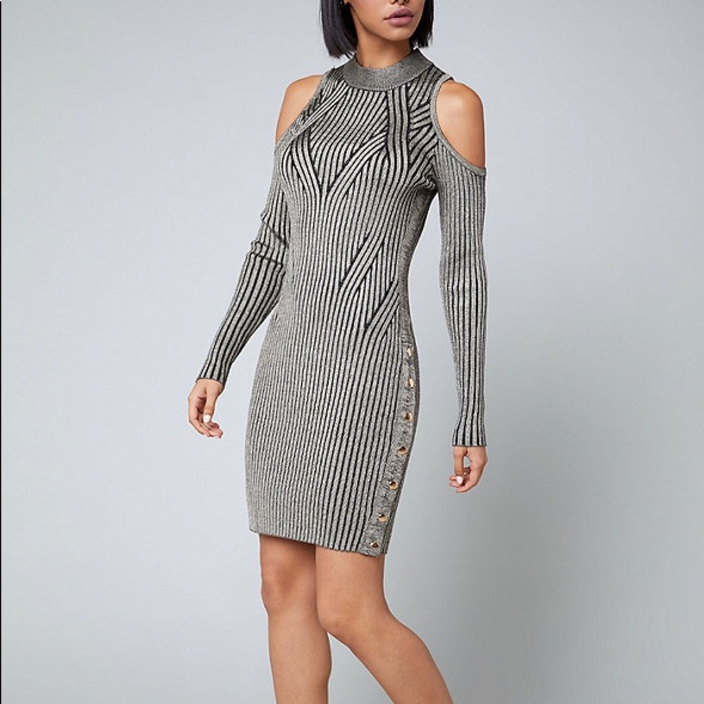 Bebe Cold Shoulder Black and Gold Sweater Dress